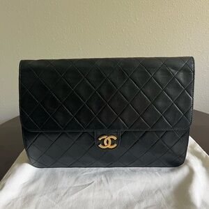 CHANEL Vintage Black Matelasse Quilted Lambskin Flap Bag with Gold CC